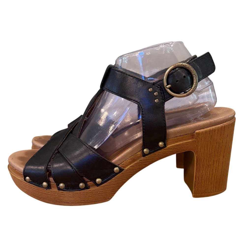 Dansko Leather T Strap Clog Sandals Black Wood Heel Studded Women's 41 US 11